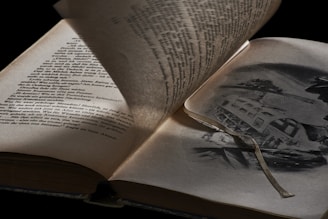 An open book displaying both text and a black and white illustration. The pages are slightly yellowed, indicating age, and one page is in the process of being turned. A thin bookmark is visible near the illustration.