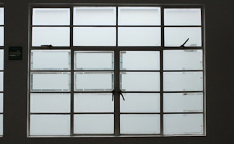 A large, rectangular window with multiple panes arranged in a grid pattern. The glass appears to be frosted or opaque, allowing minimal visibility to the outside. The window has simple metal latches for opening the panes, and there is a small green sign on the left side.