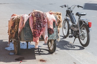 A parked motorbike is situated next to a two-wheeled cart filled with raw animal hides. The skins are draped over the cart, exposing both fur and bloody flesh. The scene is set on a street under bright daylight.