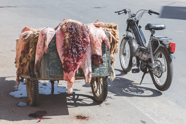 A parked motorbike is situated next to a two-wheeled cart filled with raw animal hides. The skins are draped over the cart, exposing both fur and bloody flesh. The scene is set on a street under bright daylight.