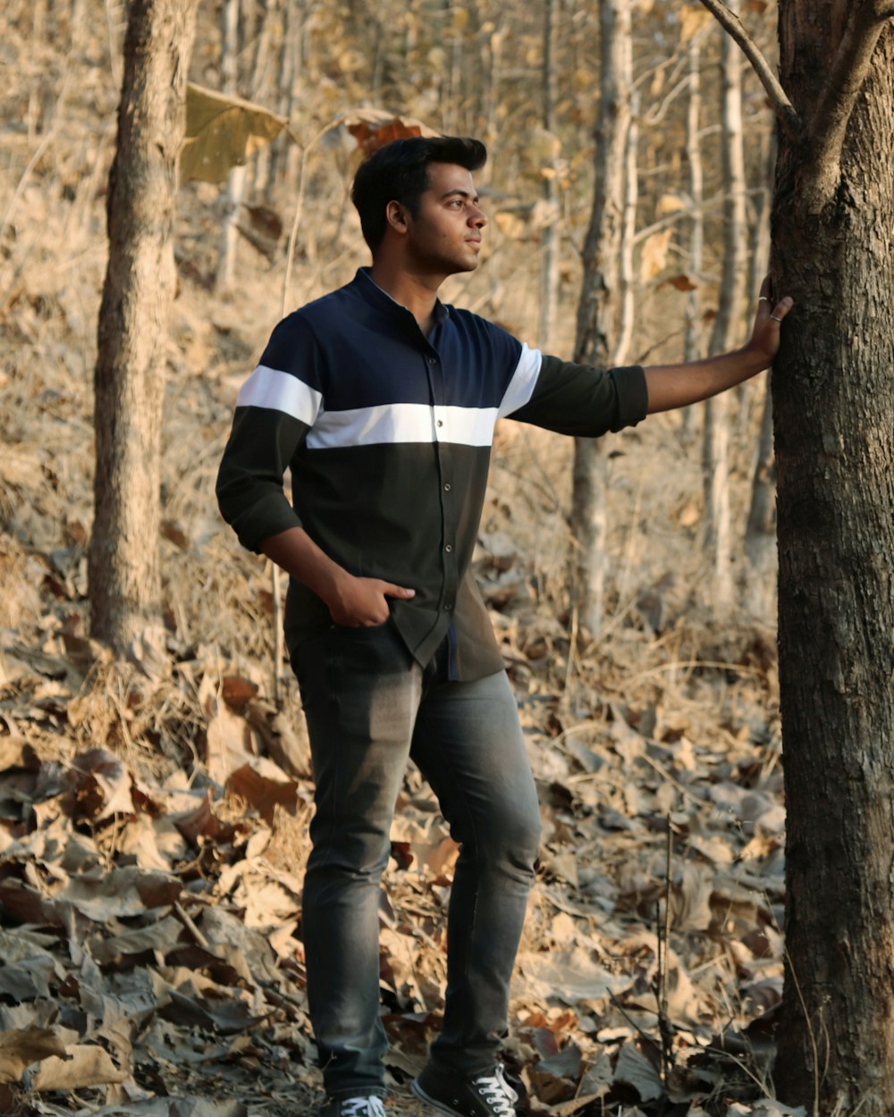 man in blue and white striped polo shirt and gray denim jeans standing on brown tree
