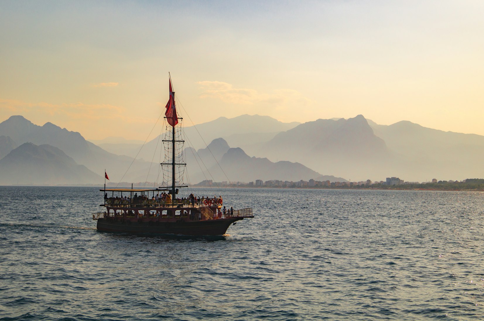 Pirate ship with hills in background