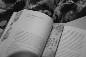 A black and white image of an open book featuring a section header titled 'Quatro meses depois (Agosto de 2011)'. The book has multiple paper tabs inserted along the top edge, and it rests on a patterned surface that appears to be a fabric.
