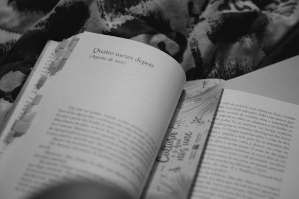 A black and white image of an open book featuring a section header titled 'Quatro meses depois (Agosto de 2011)'. The book has multiple paper tabs inserted along the top edge, and it rests on a patterned surface that appears to be a fabric.