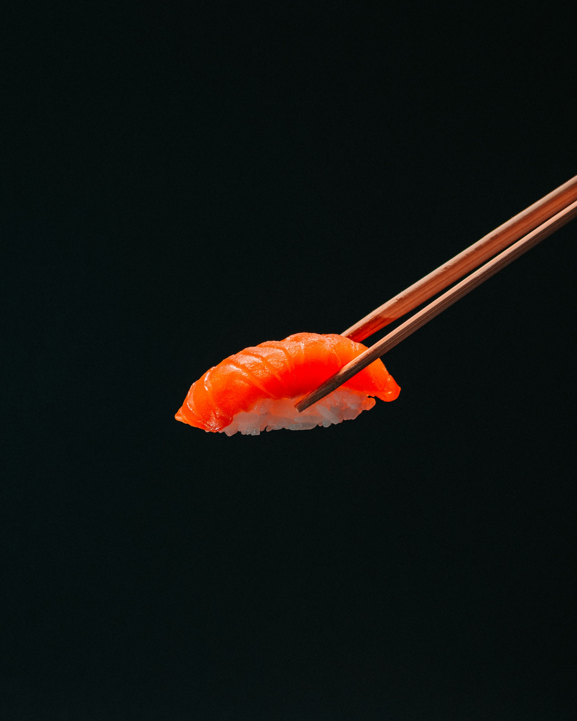 Salmon sushi with rice hold with chopsticks on black background