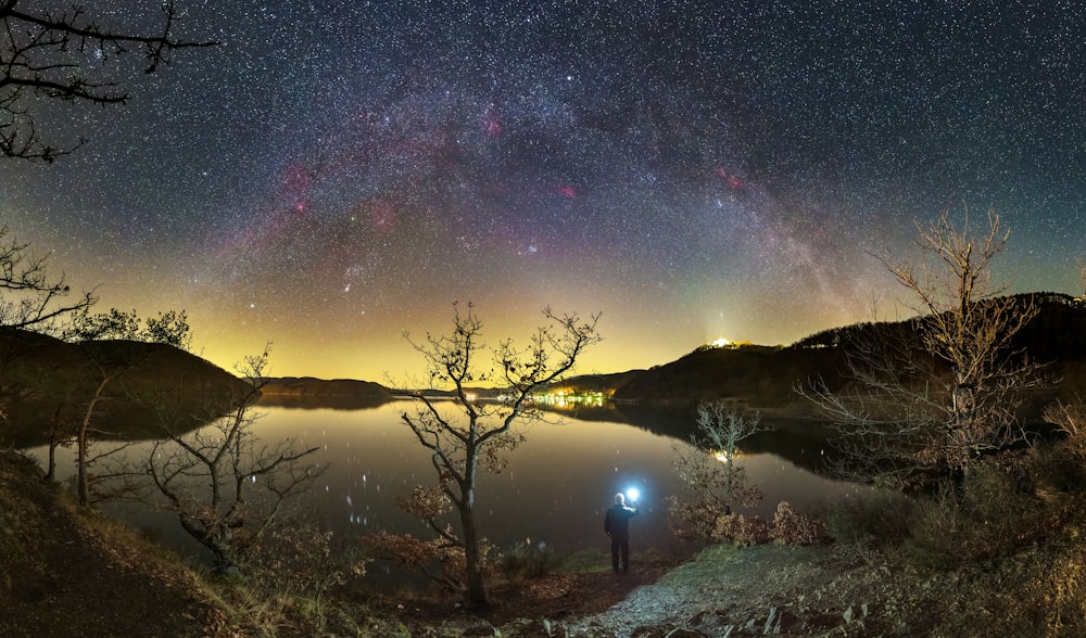 silhouette of person standing on rock under starry night