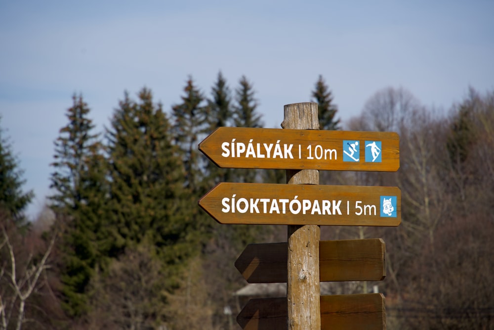 brown wooden signage near green trees during daytime