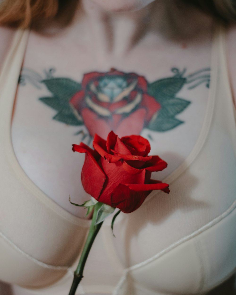 白い陶器の花瓶に赤いバラ