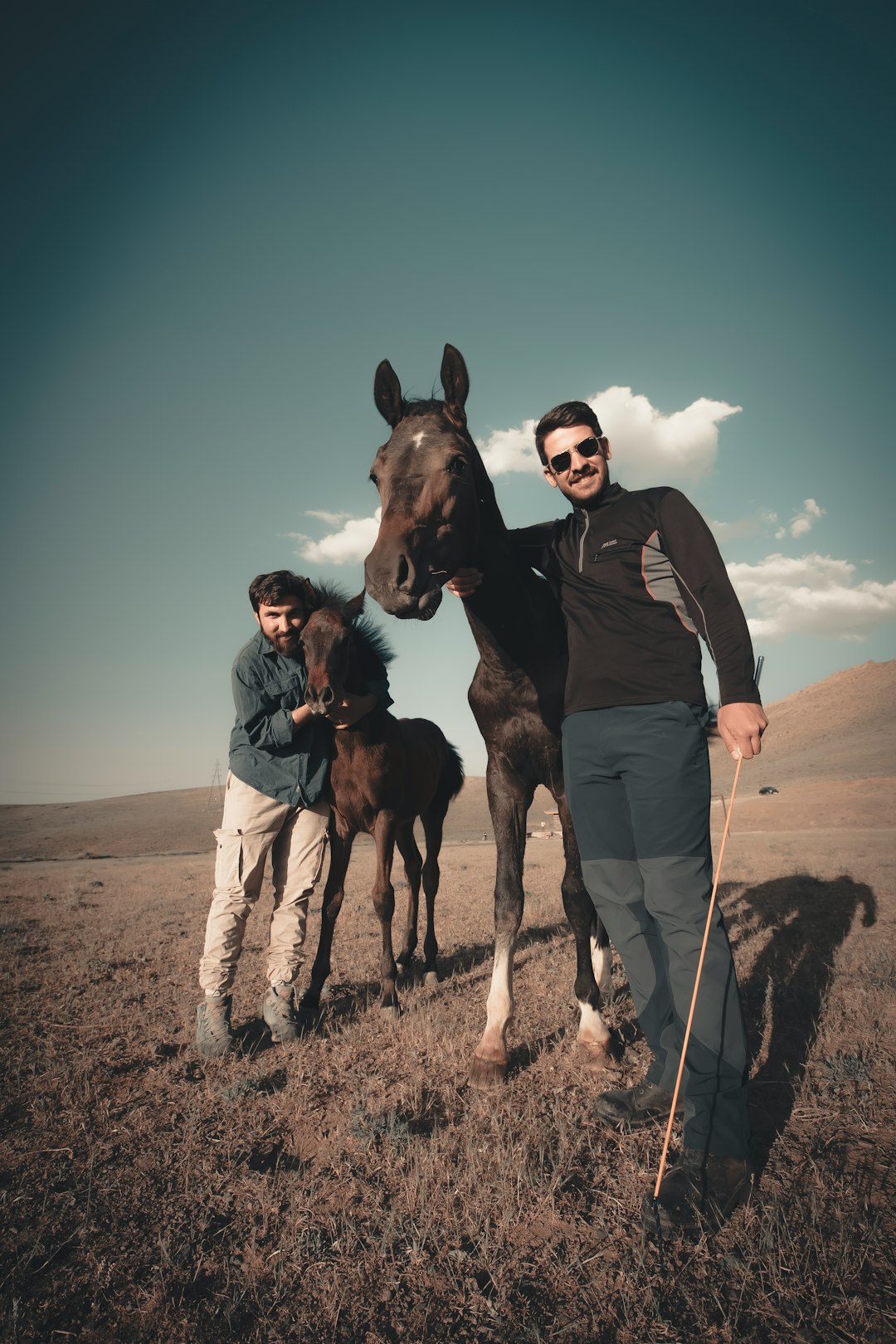 man in black crew neck t-shirt standing beside brown horse during daytime