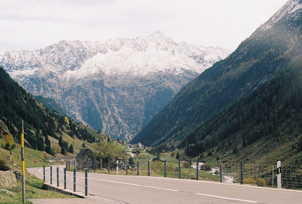 gray concrete road near green trees and mountain during daytime