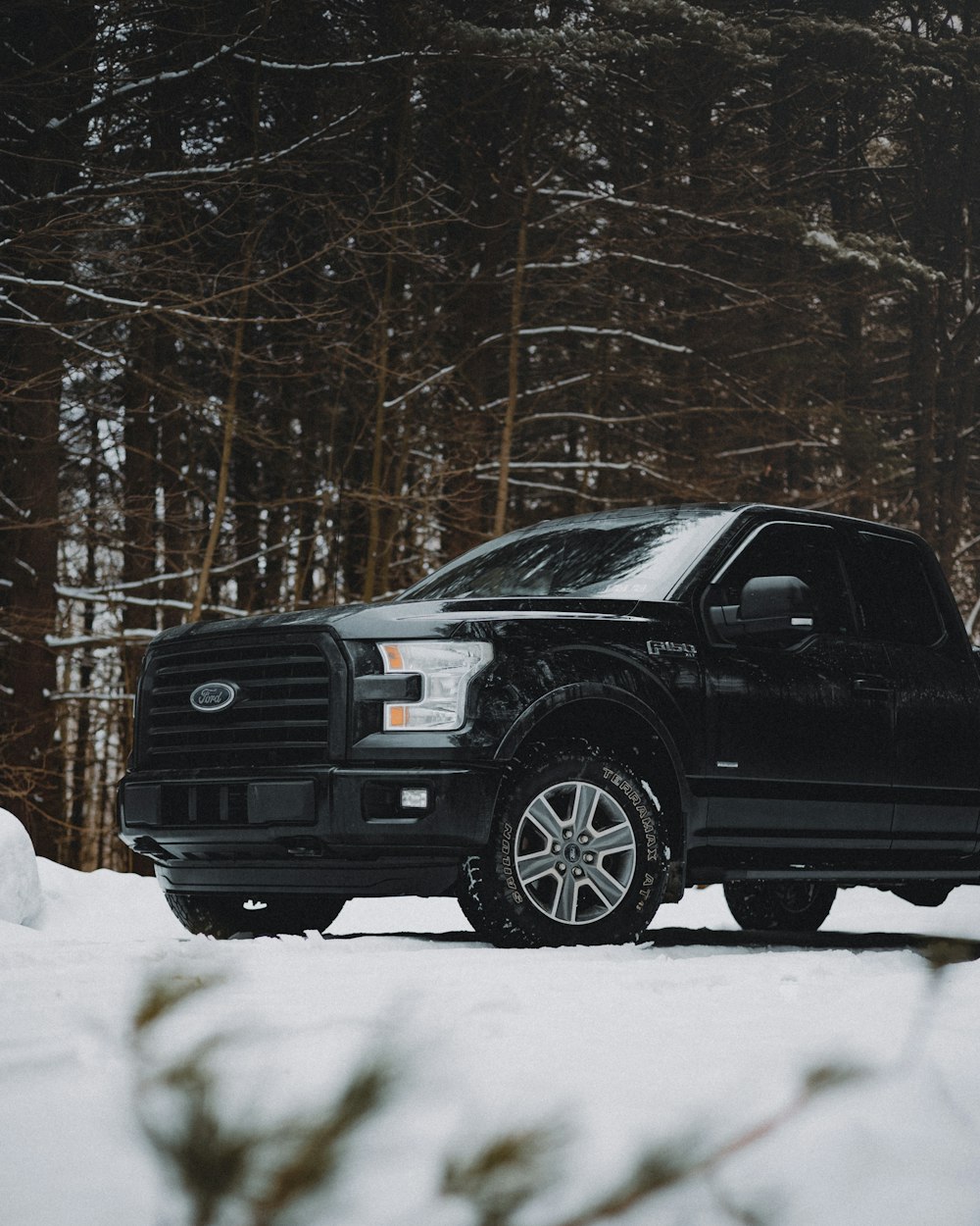 black crew cab pickup truck on snow covered ground