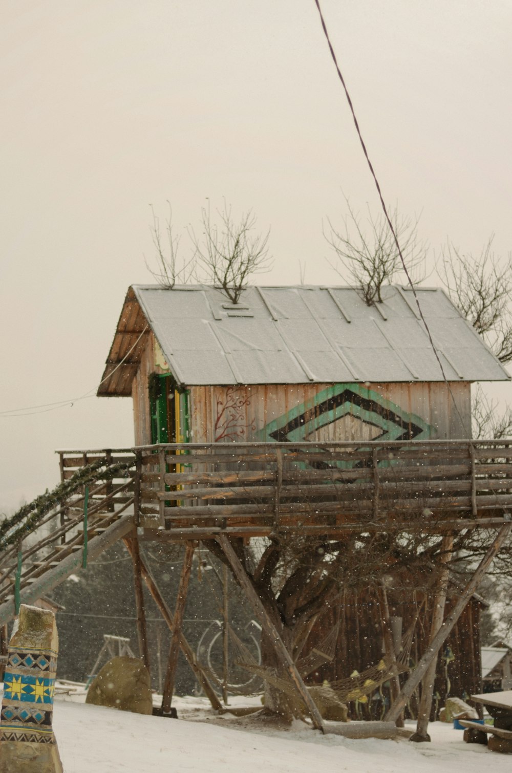 a wooden structure sitting on top of snow covered ground