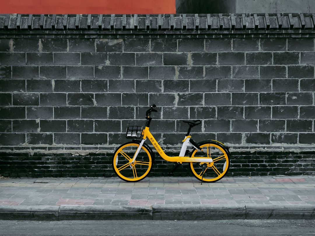 black and yellow bicycle leaning on brick wall
