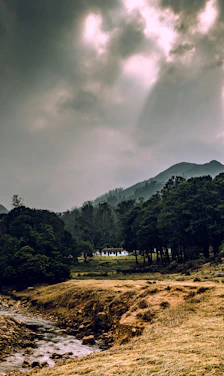 A serene luxury farmhouse nestled among pine trees with misty Himalayan peaks in the background at sunrise.
