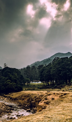 A serene rural landscape with a small white house nestled among tall trees. The foreground features a grassy field with a narrow stream flowing through. In the background, misty mountains rise under a cloudy sky with beams of sunlight breaking through.