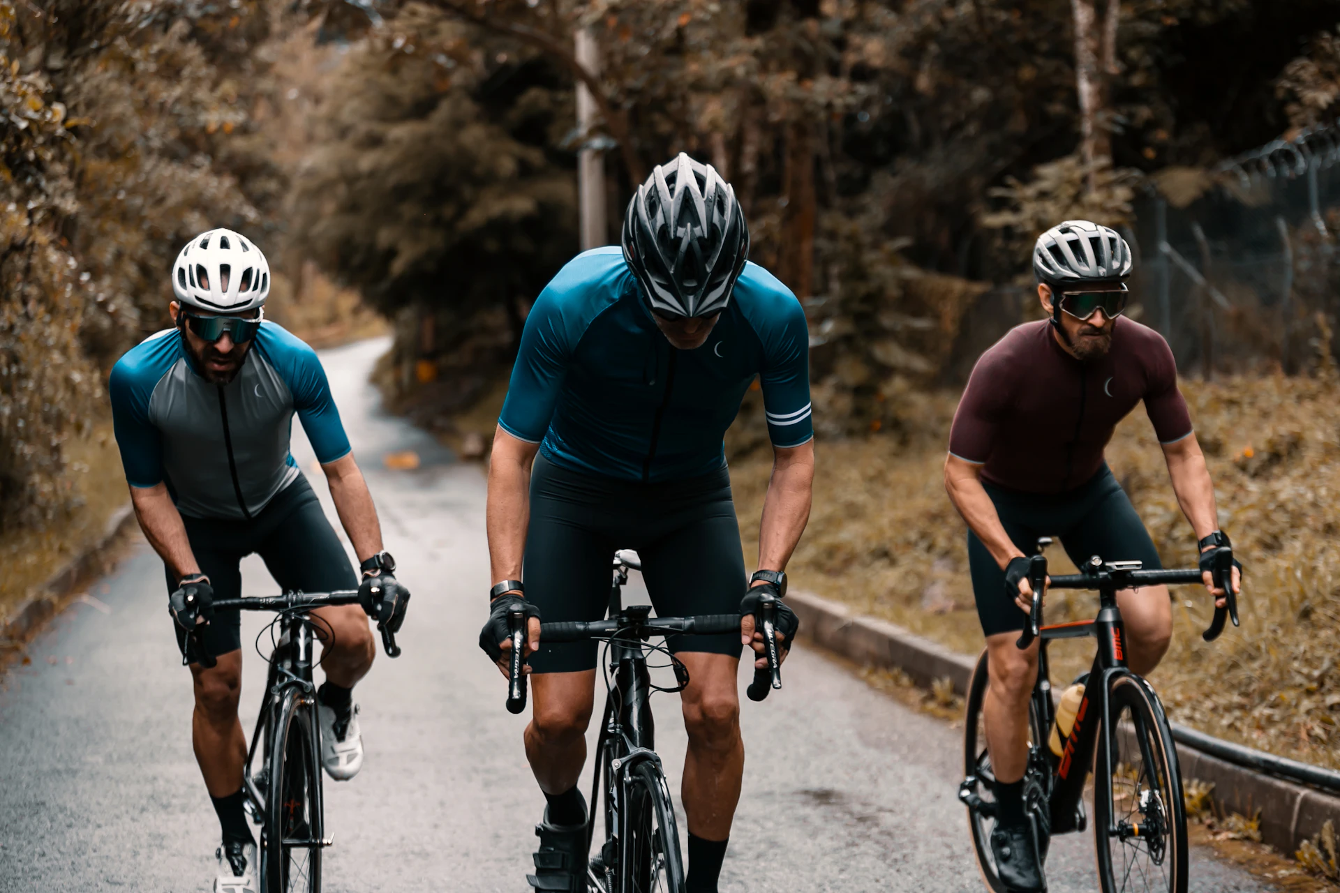 Three cyclists riding together down a forest road
