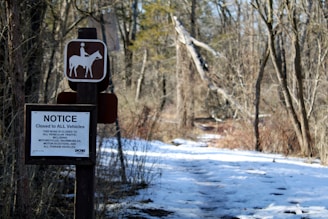 A snowy forest path with a wooden signpost featuring a notice that the road is closed to all vehicles, including motorcycles and snowmobiles. Above the notice, there's a pictogram of a person riding a horse.