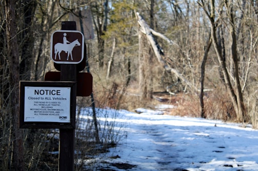 A snowy forest path with a wooden signpost featuring a notice that the road is closed to all vehicles, including motorcycles and snowmobiles. Above the notice, there's a pictogram of a person riding a horse.