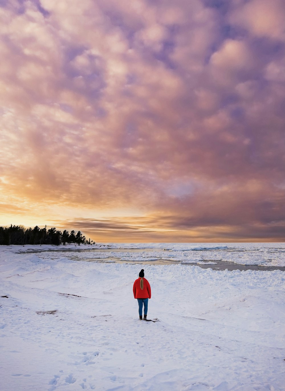person in red jacket standing on snow covered ground during sunset