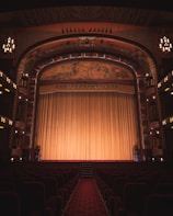 An ornate theater interior featuring an elaborately decorated proscenium arch with intricate artwork and carvings. The stage is adorned with a large, golden curtain that extends across its width. Rows of red velvet seats line the seating area, and the ambiance is dimly lit by elegant chandeliers and lights along the walls.