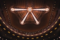 A grand, intricately designed ceiling featuring a central chandelier with ornate patterns and geometric lighting elements. The structure is surrounded by tiers of decorative lighting that add a warm, inviting glow.