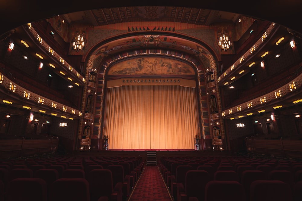 brown wooden chairs inside theater