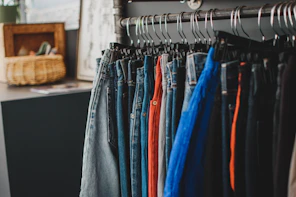 gray denim jeans on clothes hanger