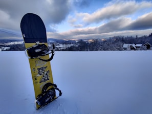 A snowboard snugly wrapped in a sleek black ridesleeve resting against a snowy mountain backdrop at sunrise