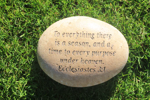 a stone with a quote on it sitting in the grass