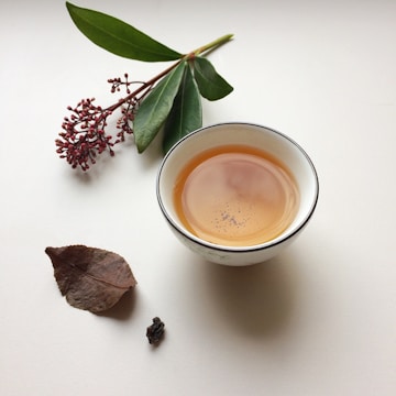 A white teacup filled with light brown tea is placed on a white surface. Accompanying the teacup are a sprig with green leaves and small red berries, a dried brown leaf, and a small piece of dark material, possibly a tea leaf or spice.