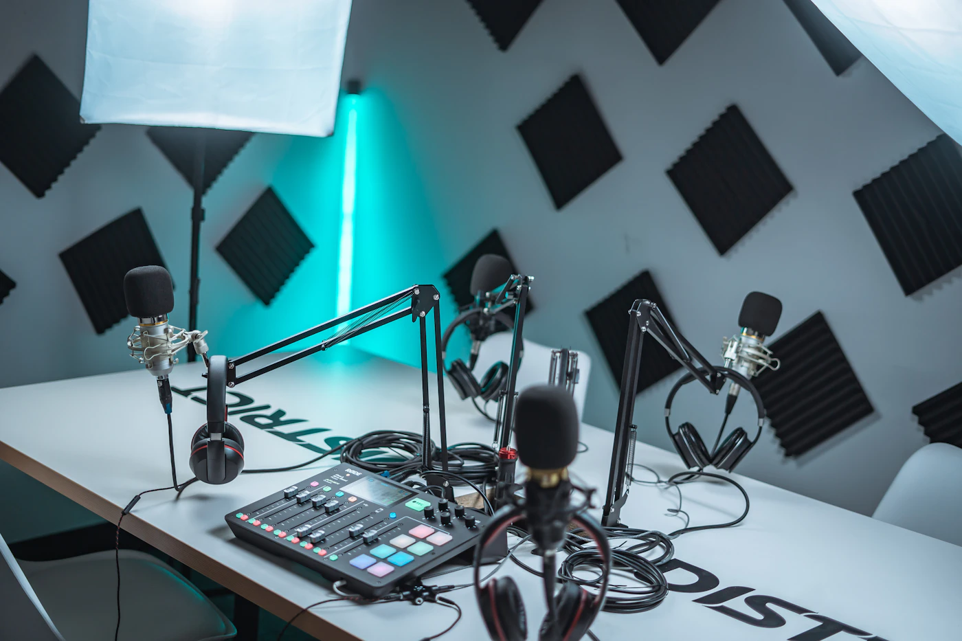 Recording room with microphones and headphones