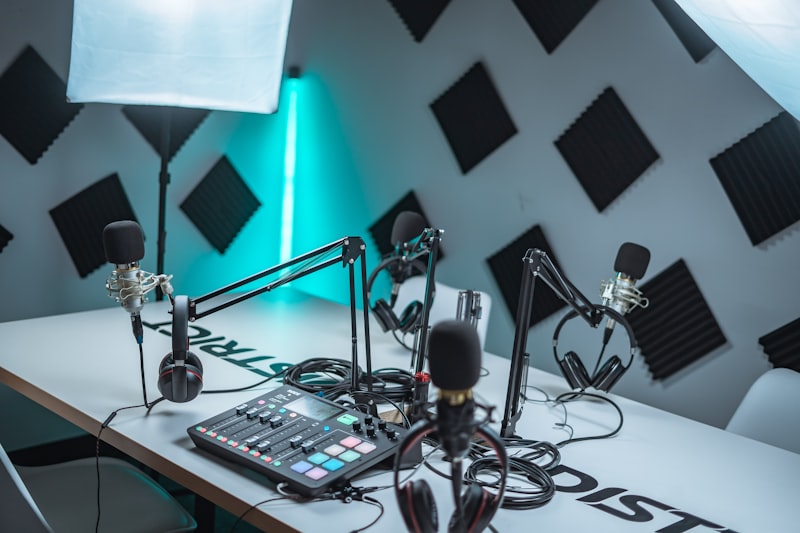 Recording studio desk with microphones and headphones