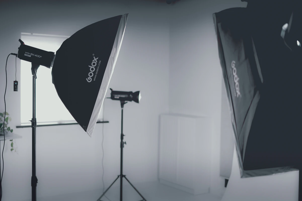 Softbox studio lights set up for a commercial photography shoot