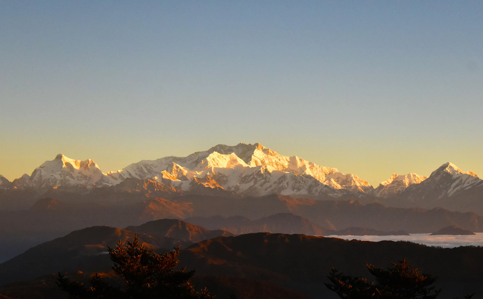 The Kanchenjunga range gold at sunrise above dark ridges and a valley filled with cloud