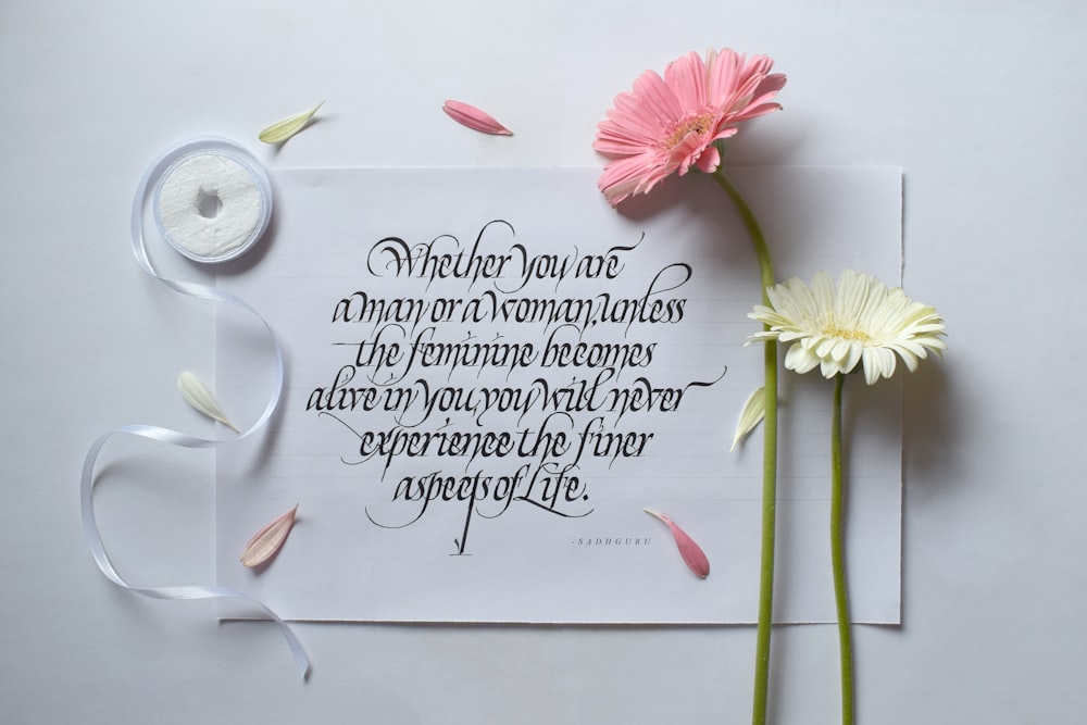 pink and white flower with quote