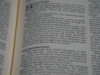 A close-up view of an open book, displaying text in a serif font. The focus is on several paragraphs with headings and lines of content, featuring dialogue and narrative elements.