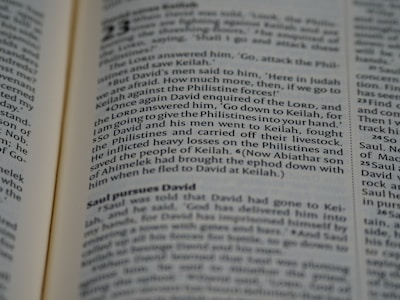 A close-up view of an open book, displaying text in a serif font. The focus is on several paragraphs with headings and lines of content, featuring dialogue and narrative elements.