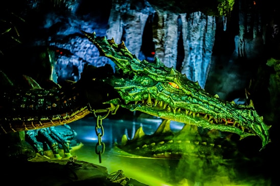 A large, green dragon with textured scales and bright, yellow eyes is situated in a dimly lit cave environment. Its elongated snout and sharp teeth are prominently displayed as it emerges from a pool of water. Chains are visible around the dragon, suggesting captivity. Stalactites hang from the ceiling of the cave, adding to the mysterious atmosphere.