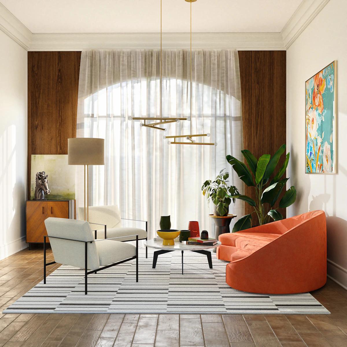 A bright, modern living room with a comfortable sofa