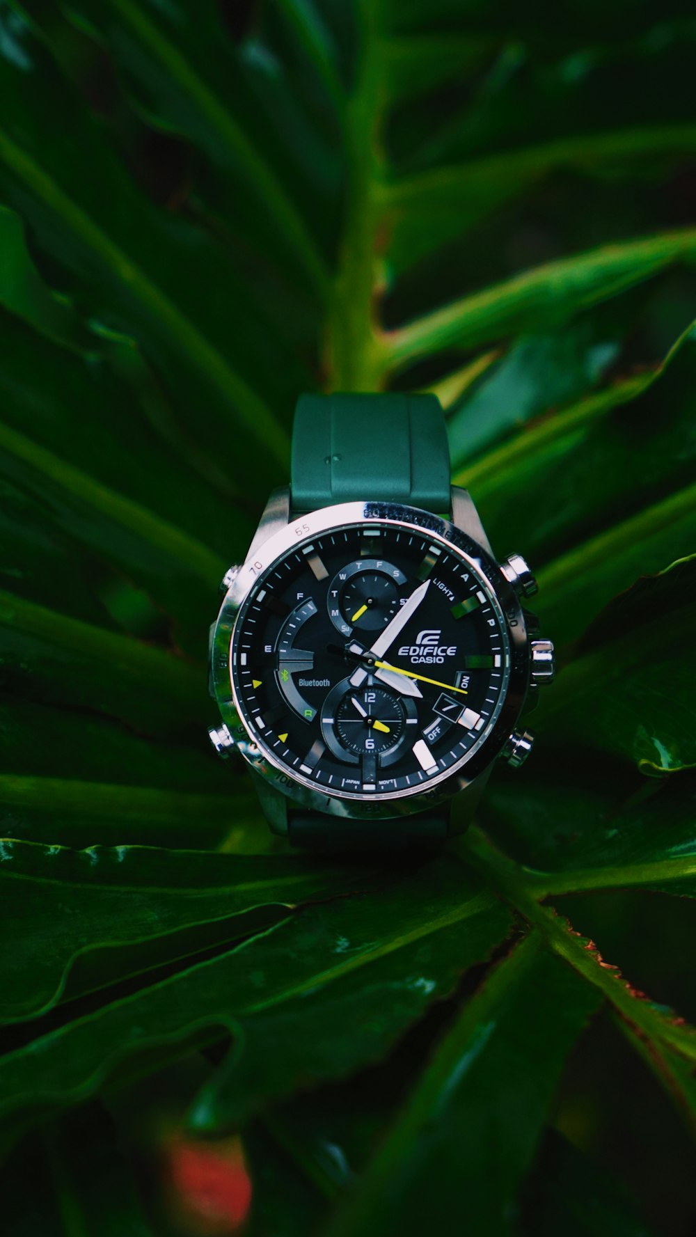 silver and black chronograph watch