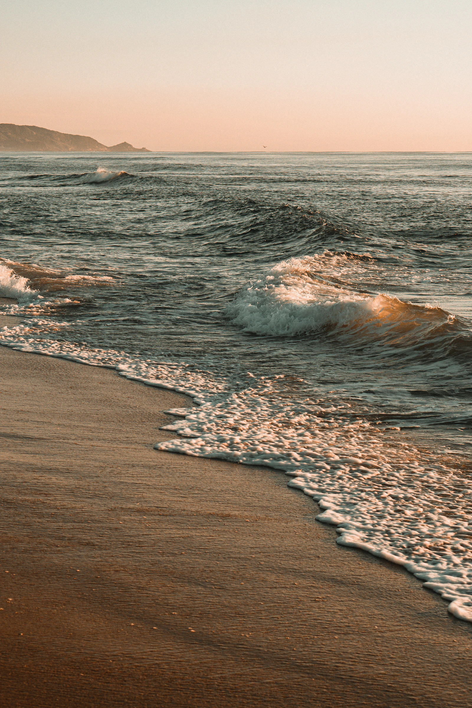 Gentle ocean waves washing onto a sandy shore under a soft pink sky