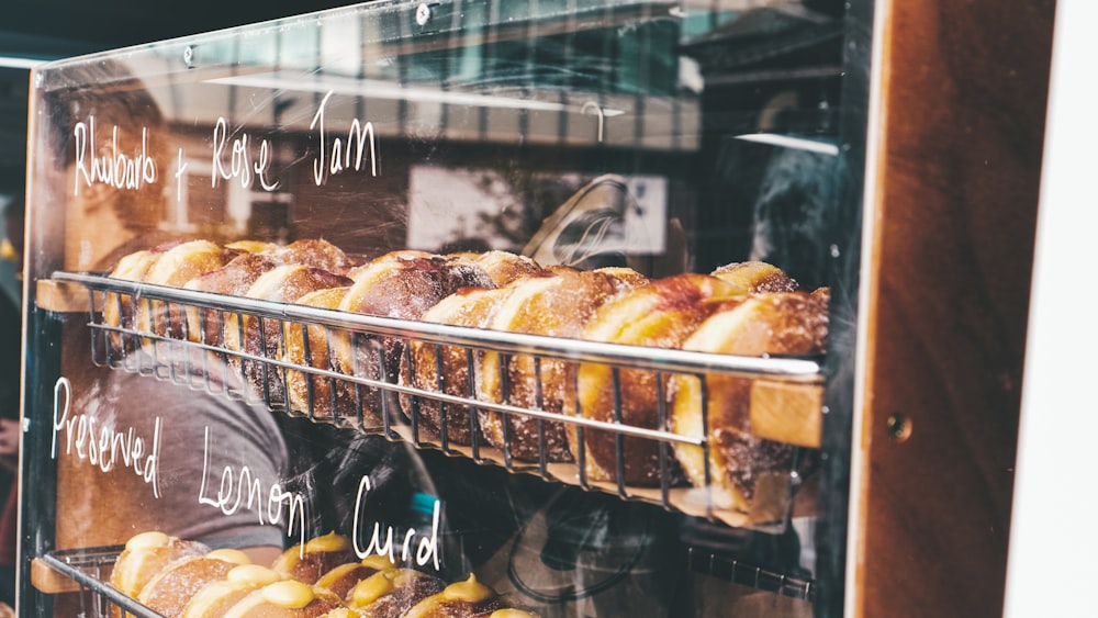 bread on clear glass display counter