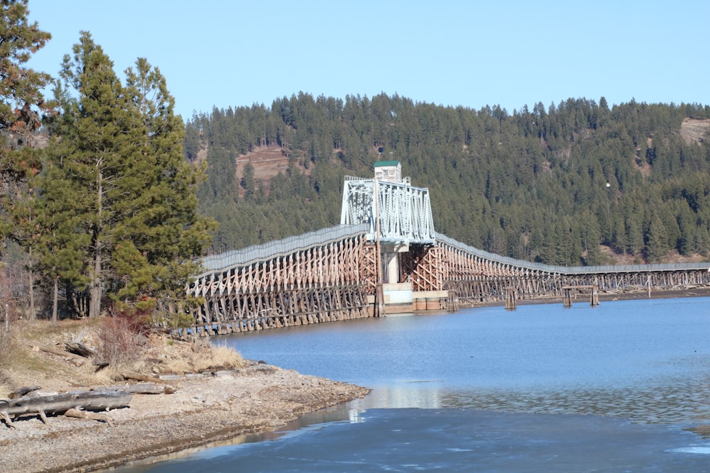 white and brown wooden bridge over river