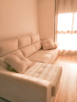 A cozy living room corner featuring a stylish sofa bathed in natural light.