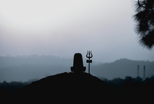 A peaceful mountain landscape with a small Shiva lingam nestled among wildflowers.