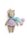 A crocheted teddy bear wearing a pastel purple dress, adorned with a pink bow on its head and a light blue scarf with pom poms. The bear has a beige body and a light brown nose, with dark eyes that give it a cute appearance.