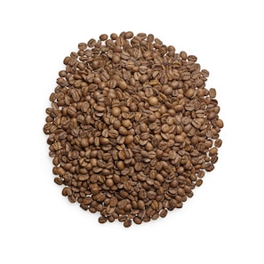 A large pile of roasted coffee beans arranged in a circular shape against a white background. The coffee beans are evenly distributed, showcasing their rich brown color and detailed textures.