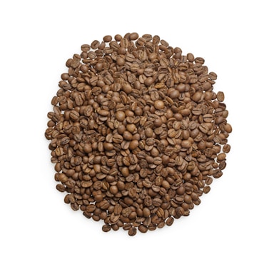 A large pile of roasted coffee beans arranged in a circular shape against a white background. The coffee beans are evenly distributed, showcasing their rich brown color and detailed textures.