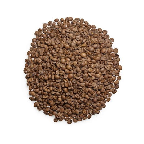 A large pile of roasted coffee beans arranged in a circular shape against a white background. The coffee beans are evenly distributed, showcasing their rich brown color and detailed textures.