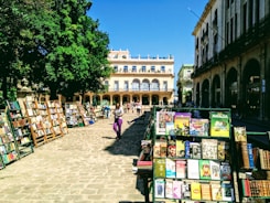 Scene from a busy international book fair with people browsing stands